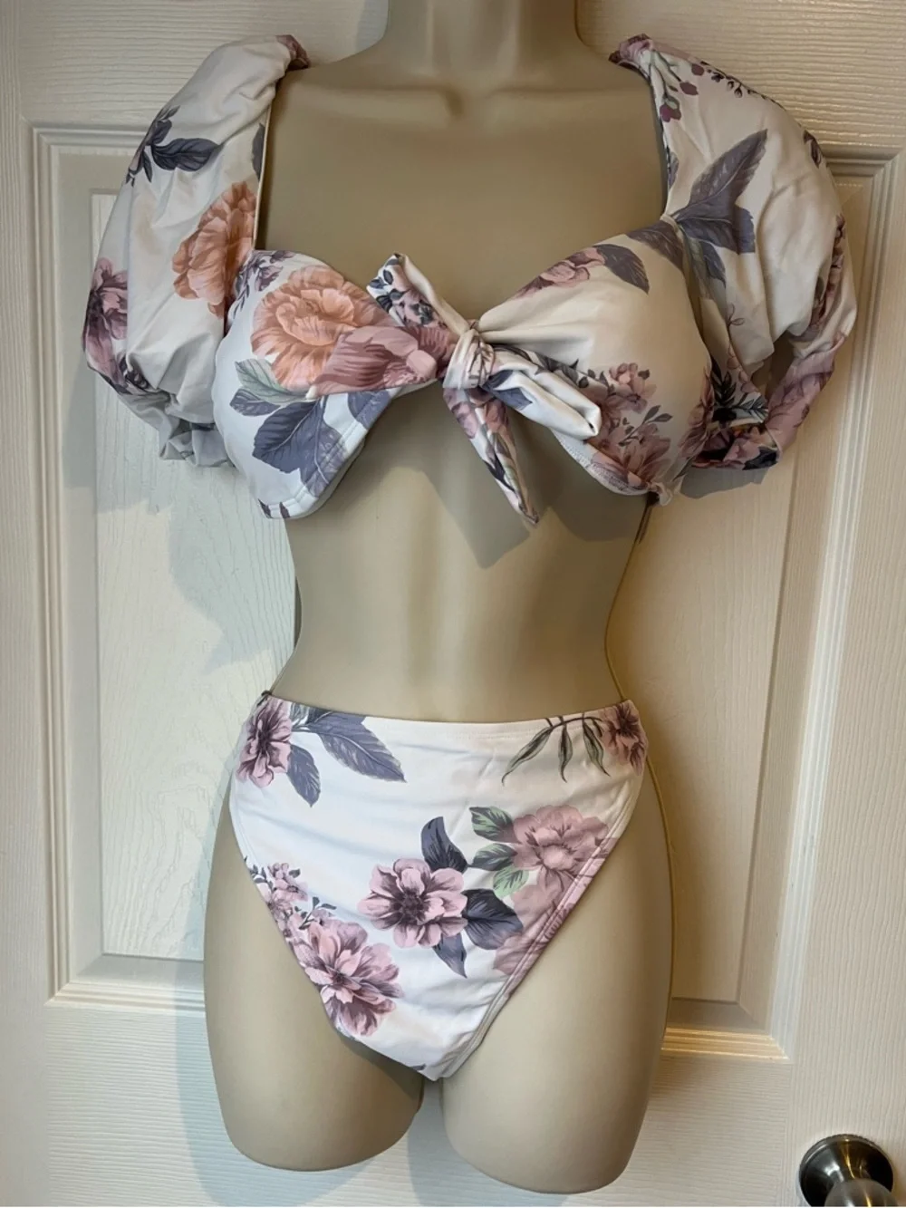 Cupshe XL Eden Floral Puff Sleeve Extra Cheeky High Waist Bikini Set NWT Swim